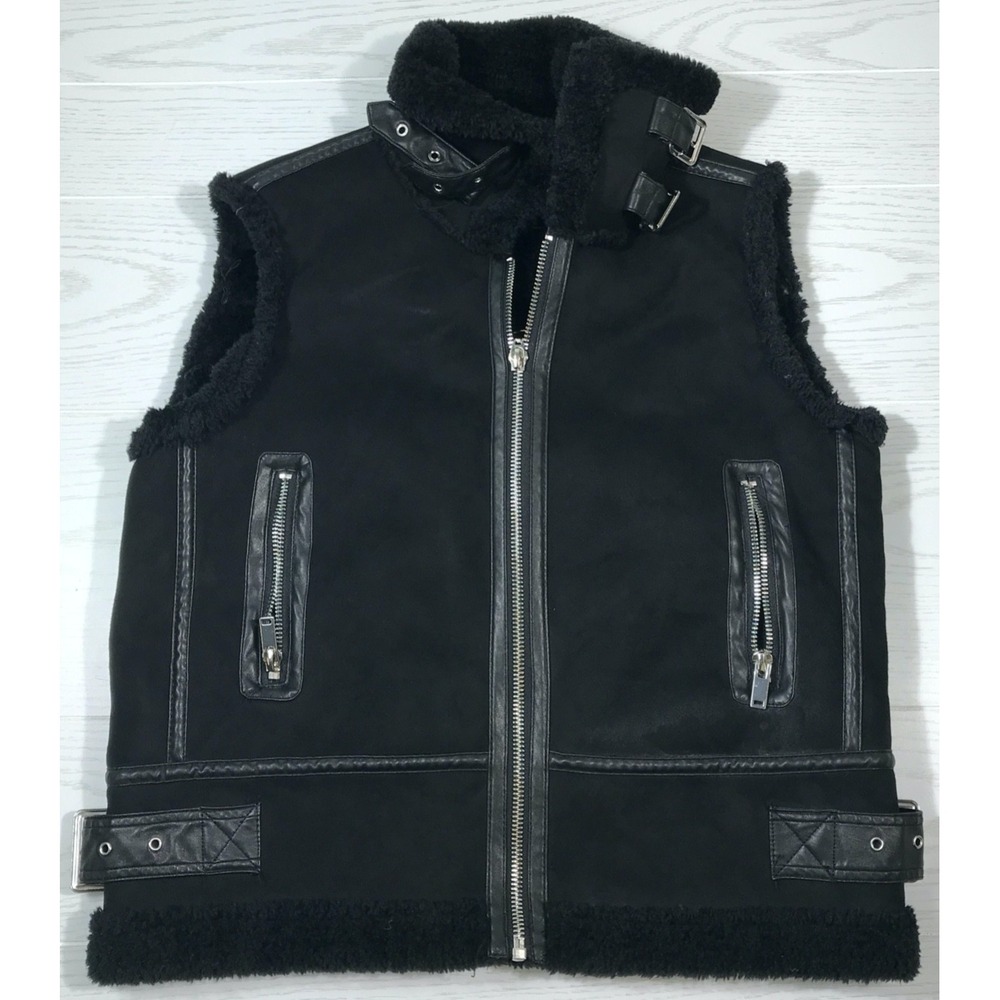 Philosophy Republic Clothing Faux Suede Moto Vest Women M Zip Front Faux Fur